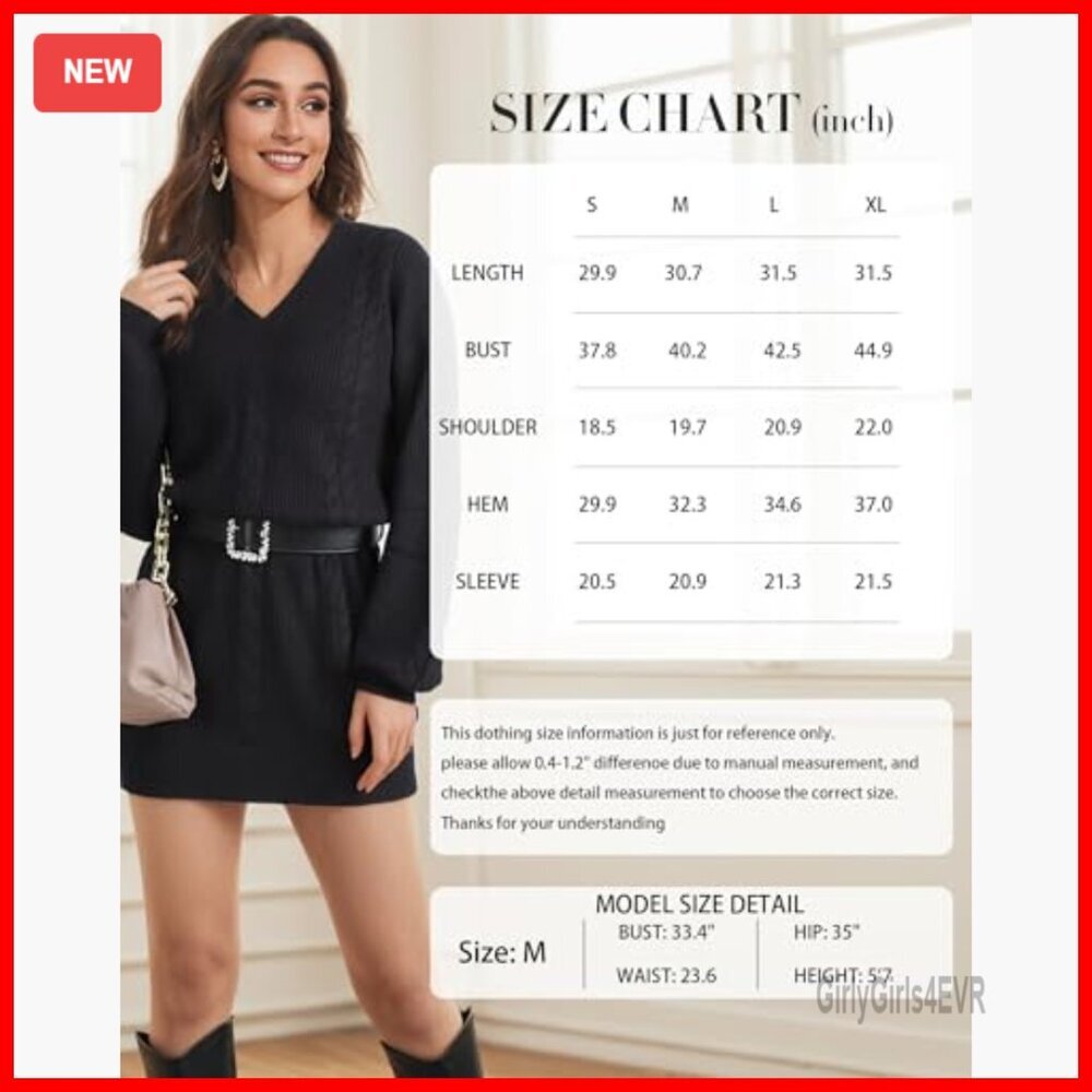 V-Neck Lantern Sleeve Mini Sweater Dress Pullover Knit Fall Winter Casual - Picture 5 of 7